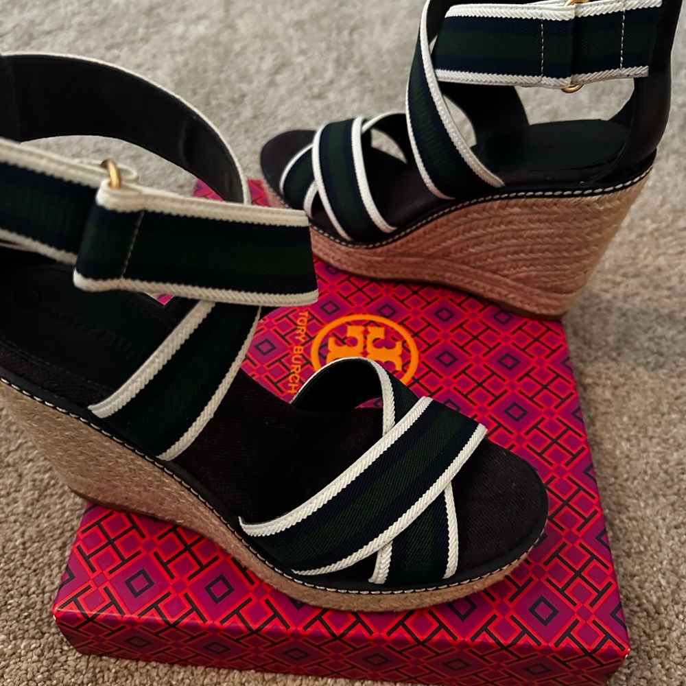 Tory Burch Navy and White Striped Espadrille Wedge Sandals - Picture 2 of 4